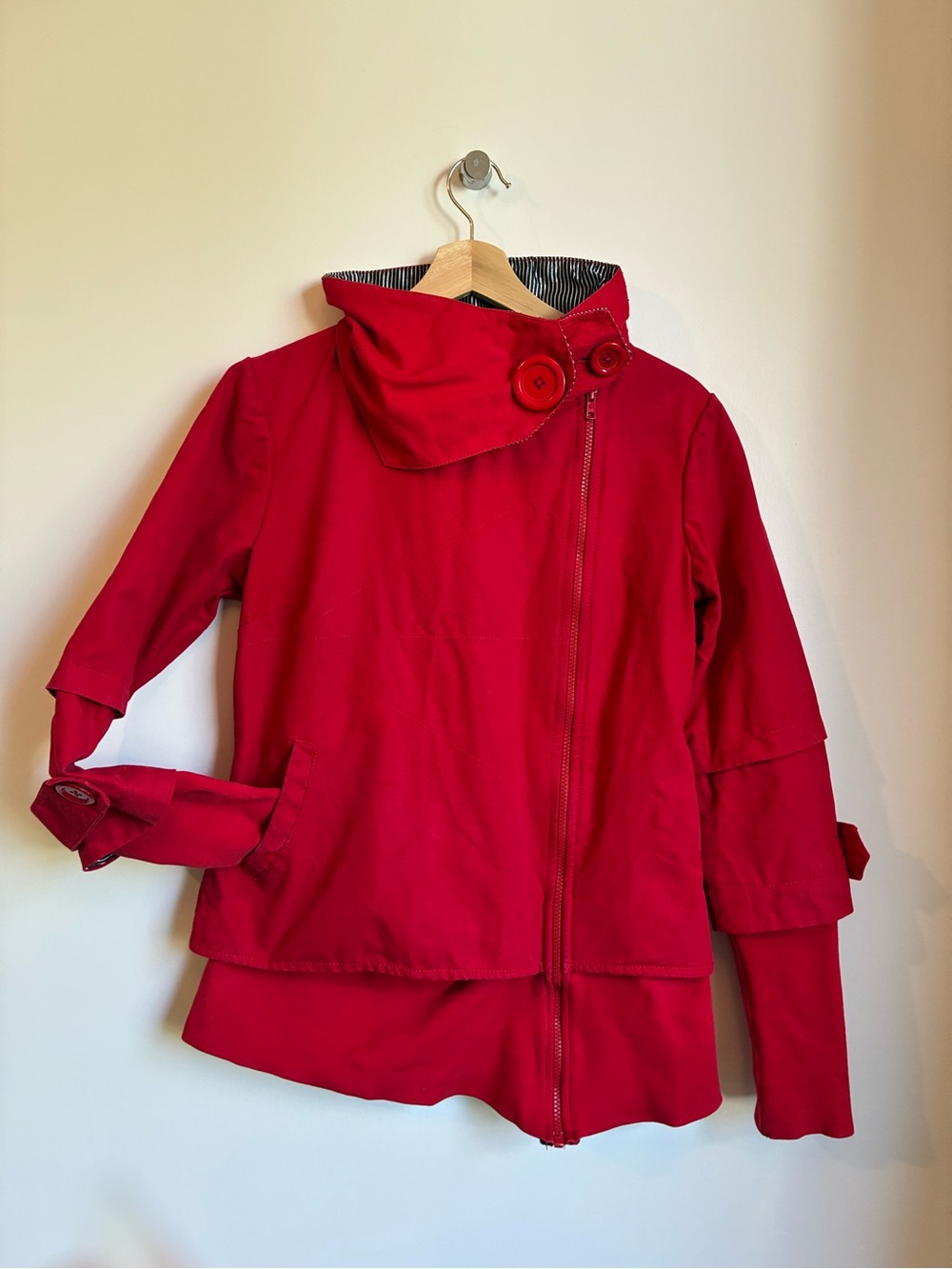 Schwiing Red Asymmetric Zip Funnel Neck Jacket Coat Size M